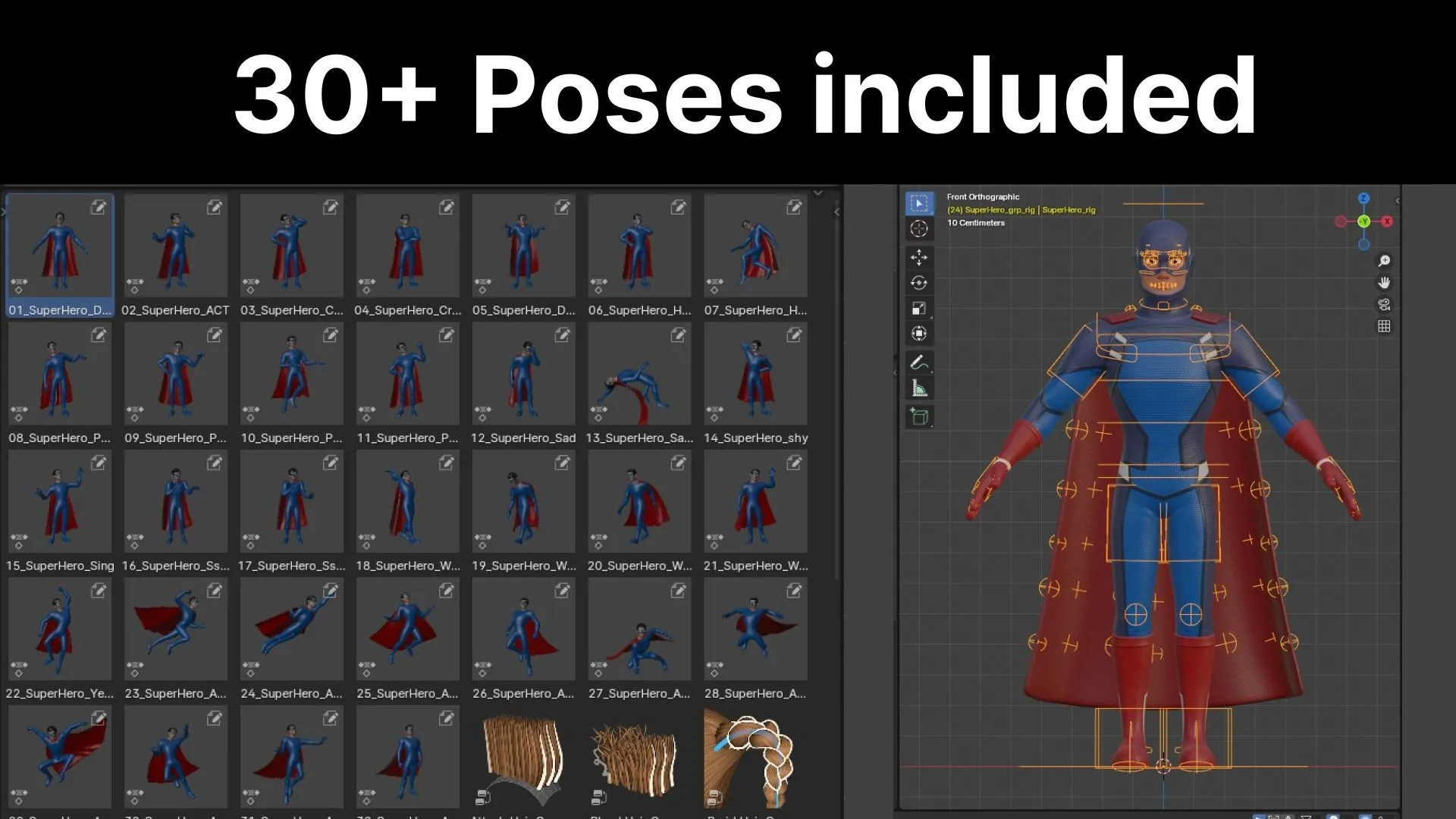 30 pre-made poses for Cartoon Superhero Man